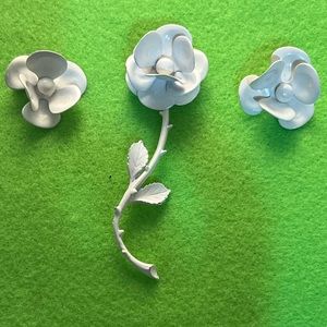 Vintage White Enamel Flower Pin and Clip Earrings